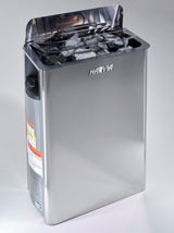 Stainless Harvia electric wall stove filled with sauna stones