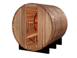Four person cedar barrel sauna with glass door, angled left