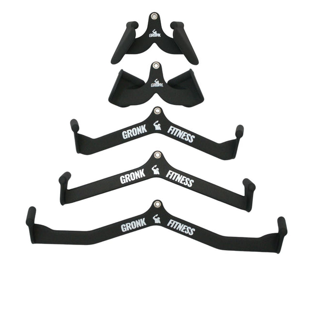 Gronk Fitness 5-piece multi-functional cable attachment set: two neoprene grip handles and three wide, mid and short bars, all black with white Gronk Fitness logos