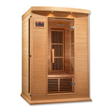 Two person Maxxus far infrared sauna in hemlock with glass door, angled left
