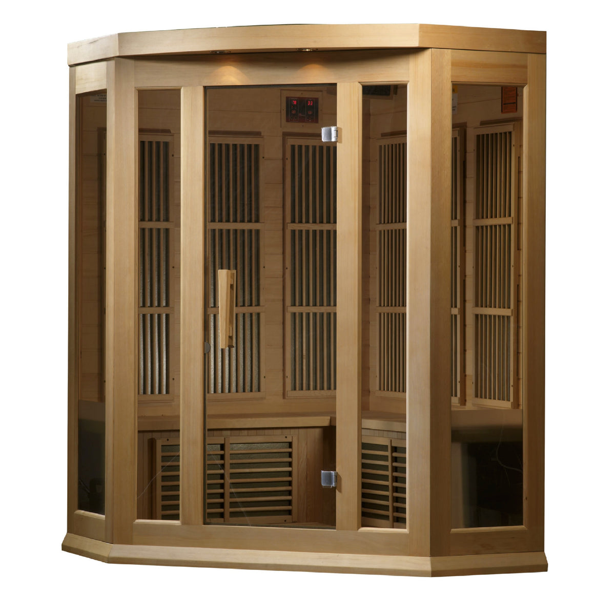 Corner cabinet angled left showing the side glass