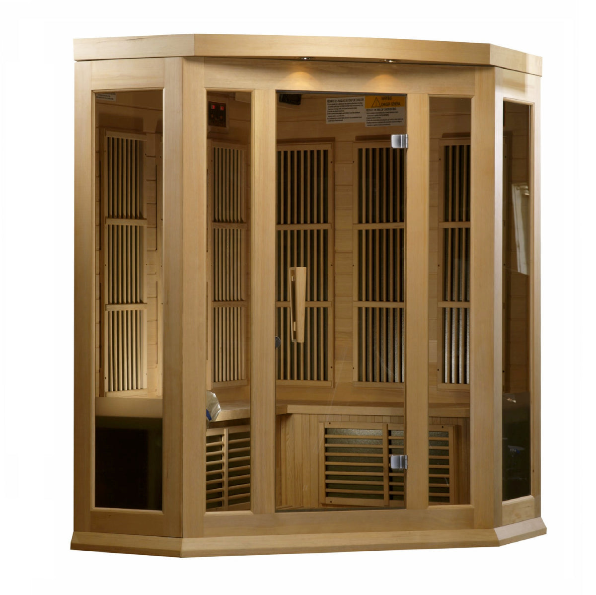 Three person corner far infrared sauna in hemlock with angled glass door