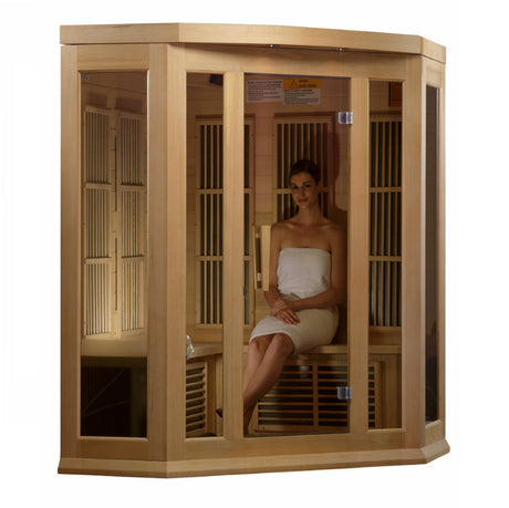 Woman seated on the corner bench through the glass door