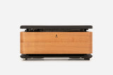 Front view of a warm golden-wood storage bench with the padded lid raised and resistance bands visible inside