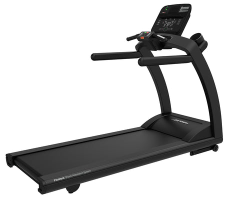 Life Fitness Run CX treadmill, three-quarter studio view of the 60 by 22 inch running deck and Track Connect 2.0 console
