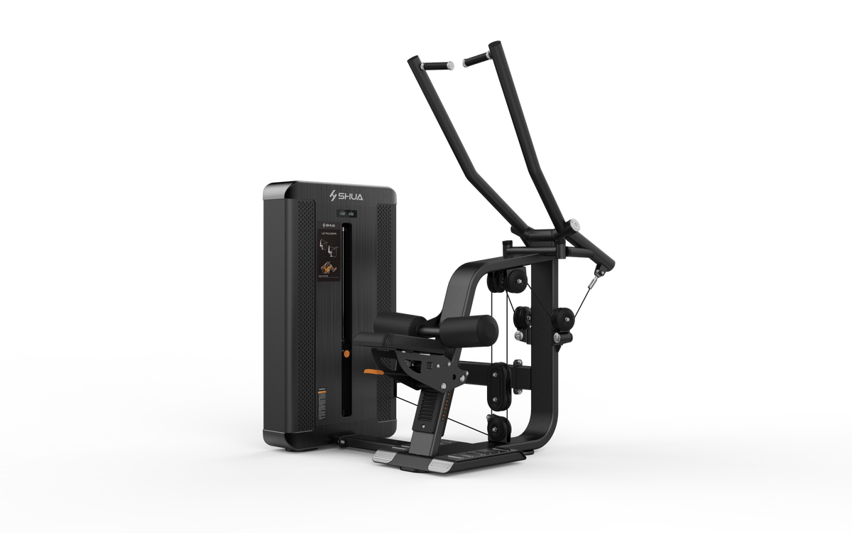 Shua G8803 Lat Pulldown selectorized machine, studio render 1 of 4